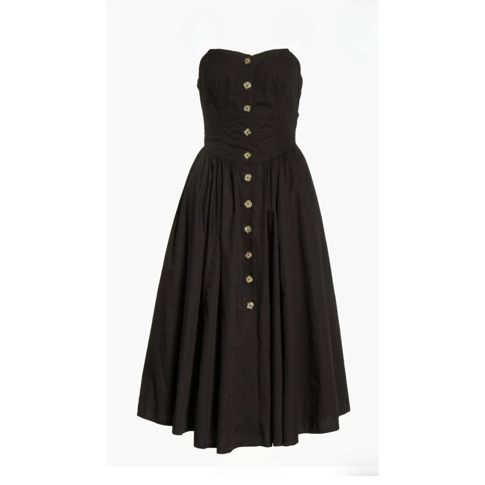 Free People Black Midi Dress Button Front Sweetheart Bodice Tie Back Fit & Flare - Picture 2 of 14